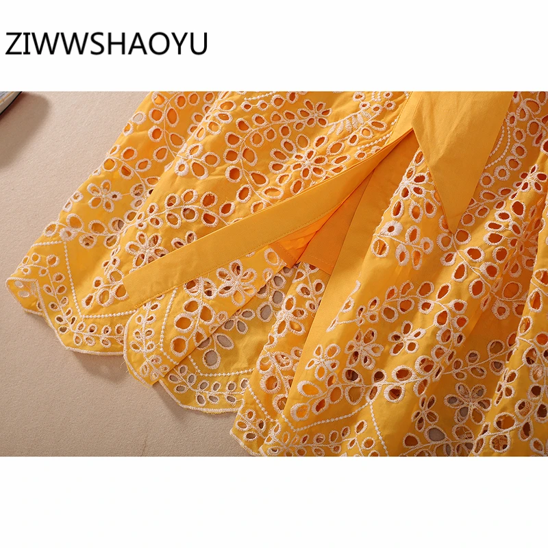 

ZIWWSHAOYU Women Summer Yellow V-Neck Boho Holiday Mini Dresses Designer Ladies Bow Belt Hollow Out Embroidery Cotton Dressss