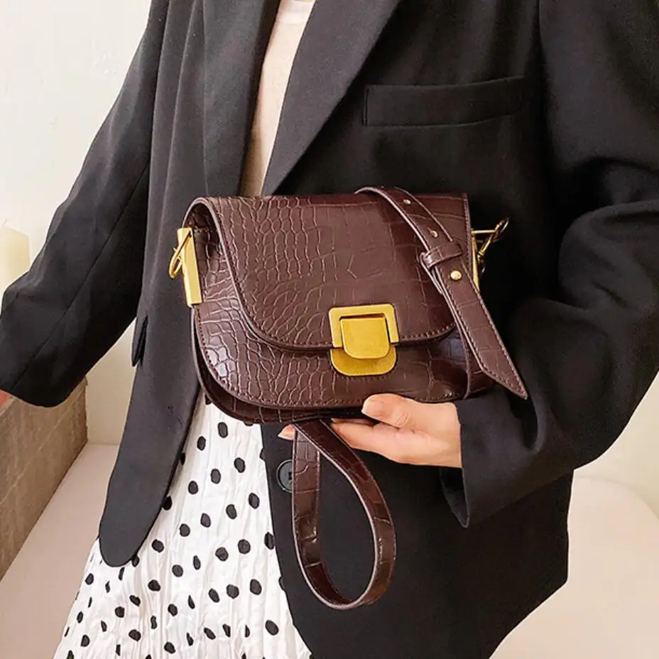

Vintage Crocodile Pattern Saddle Bag 2019 New High Quality Pu Leather Women's Designer Handbag Lock Shoulder Messenger Bag
