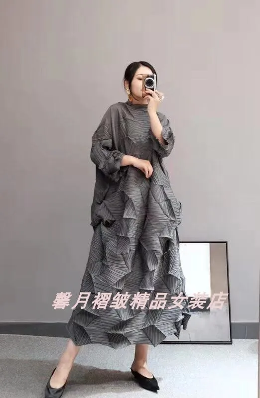 Горячая Miyake модное платье со складками со стразами, однотонное Свободное длинное платье со стоячим воротником