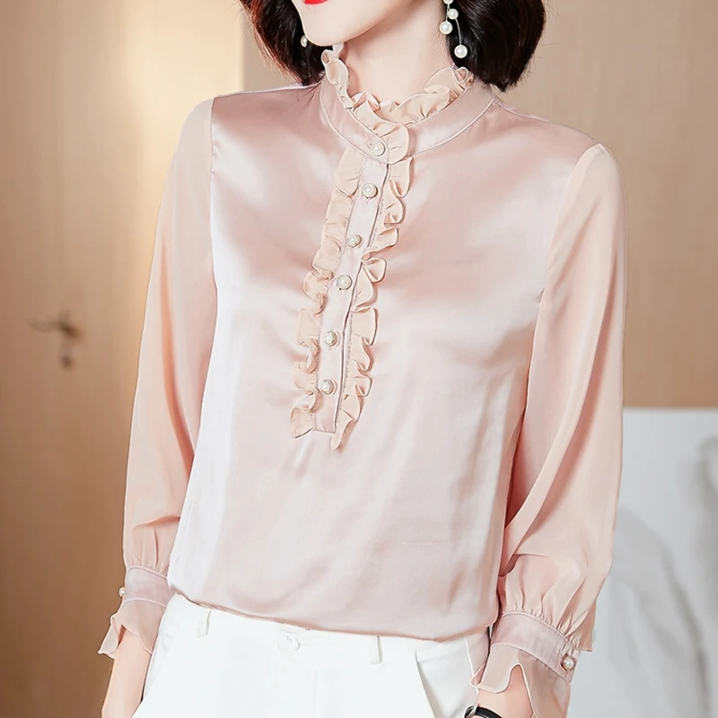 Satin silk shirt women blouse tops spring autumn elegant long-sleeved ruffled high-quality office ladies work shirt female Party