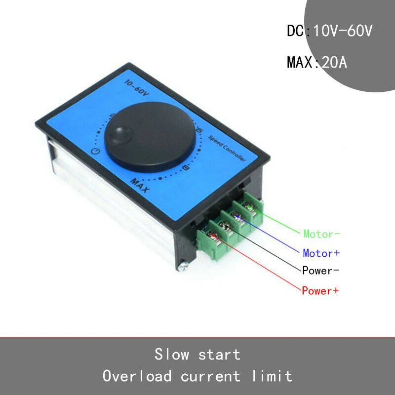 DC 10-60V 12V 18V 24V 48V 20A PWM контроллер скорости двигателя постоянного тока Мягкий