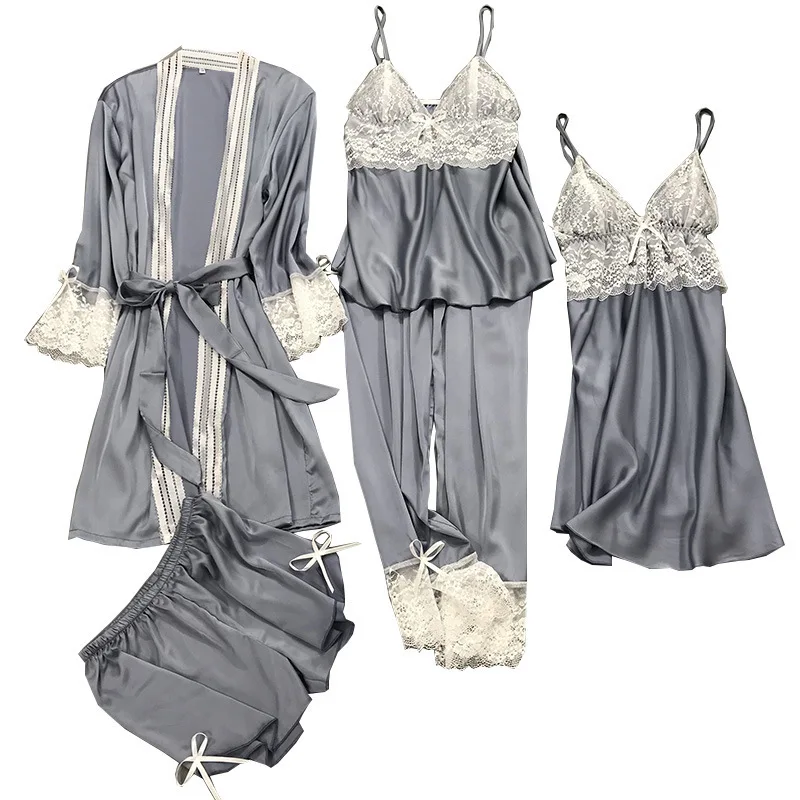 

5PCS Pajamas Set Satin Women Sleepwear Kimono Gown Lace Patchwork Nightgown Bathrobe Sexy Nightdress Loungewear Pijamas