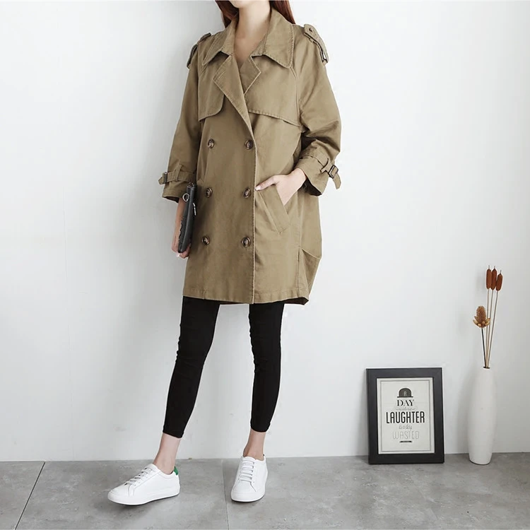 

Spring Autumn Women Mid-Long Trench Coat Double Breasted Solid Casual Loose Oversize Female Elegant Korean Style Khaki