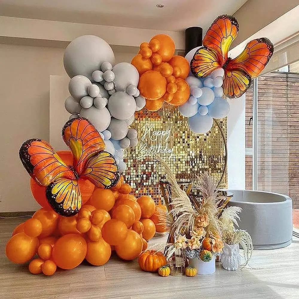 

126Pcs Orange Gray Blue Balloons Arch Garland Pear Butterflly Foil Helium Globos Gilrs Birthday Balloon Halloween Party Decor