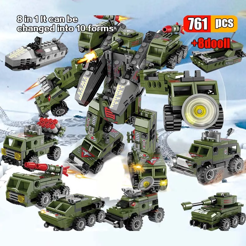 

761Pcs 8in1 Militaty Missile Series Building Blocks Deformation Robot Car Military Vehicle Tractor Tank Toys Bricks For Children