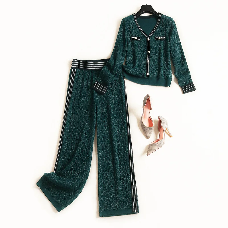 

2020 Women Autumn Fashion Leisure Suit V-neck Knitted Sweater Crop Top Ansd Matching Straight Pants 2 Piece Sets Womens Outfits