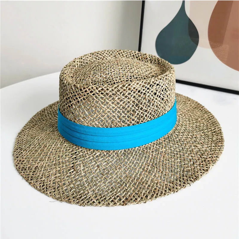 Плетеная вручную соломенная шляпа с плоским верхом Солнцезащитная сетчатая