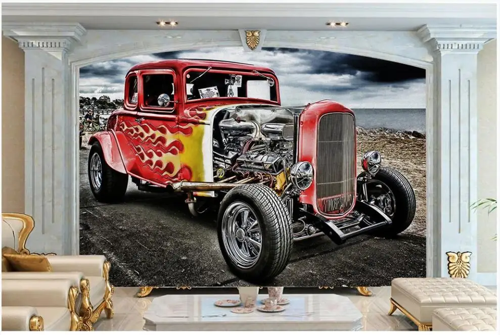 Custom mural 3d wall on the Retro red classic car road living room home decor photo wallpaper for walls 3 d | Обустройство дома