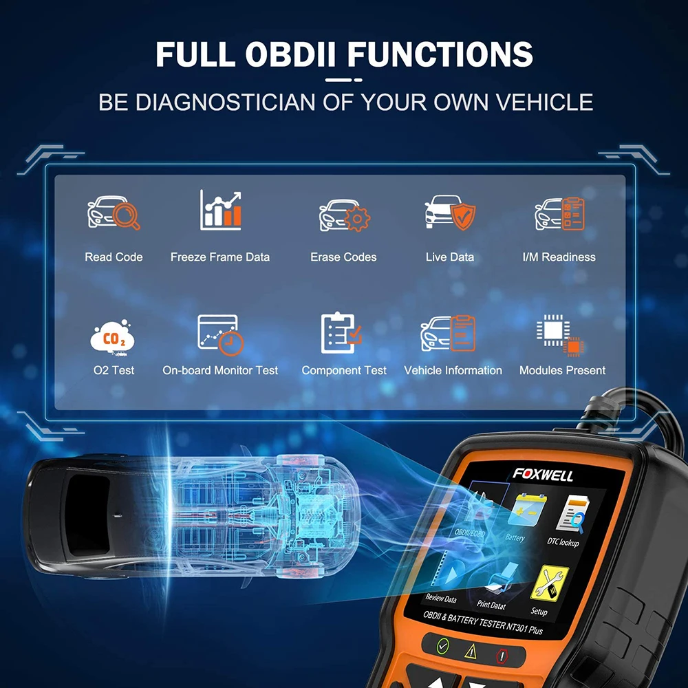 FOXWELL NT301 Plus OBD2 сканер 12 В тестер автомобильного аккумулятора EOBD OBDII считыватель