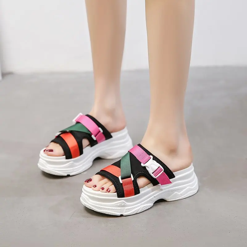 

Slippers Casual Women's Shoes With Platform Heeled Mules Slides Pantofle Shale Female Beach Luxury High 2021 Sabot Flat PU