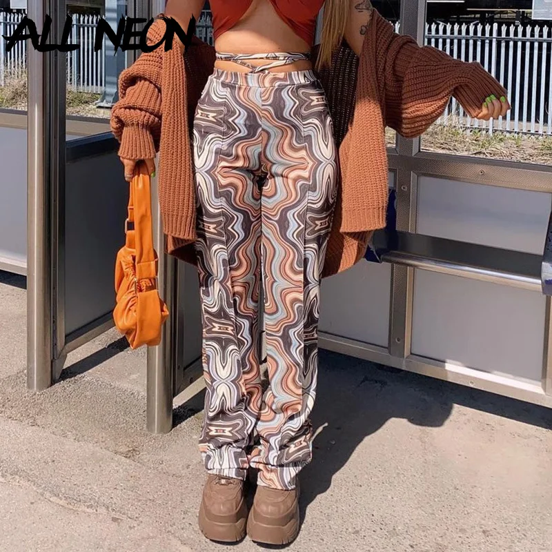 

ALLNeon 90s Aesthetics High Waist Brown Bandana Pants Y2K Vintage 70's Ripple Print Baggy Trousers Indie Streetwear Full Length