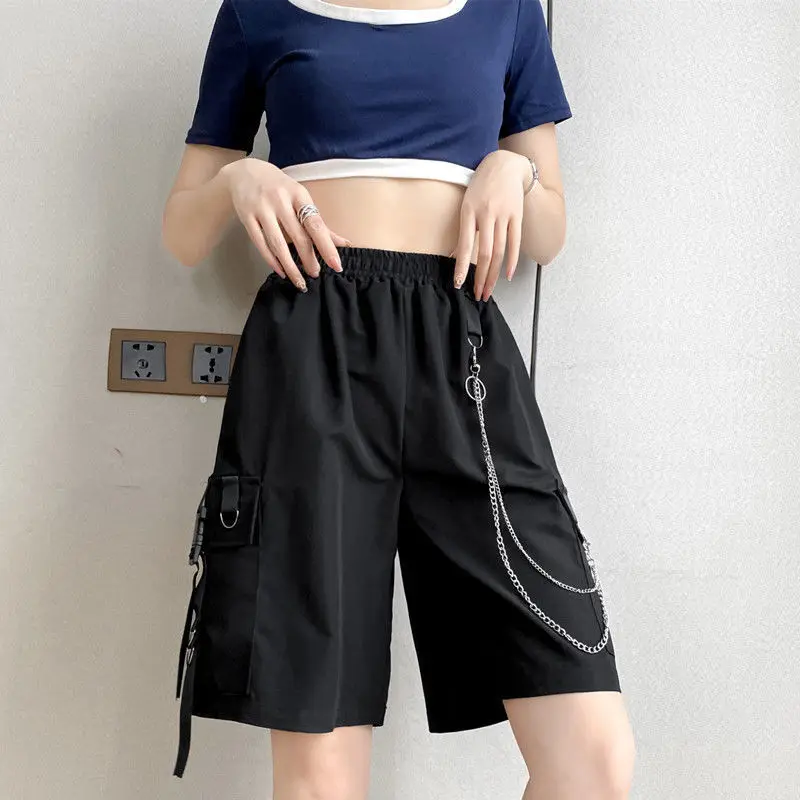 Harajuku Streetwear Women Casual Harem shorts With Chain Solid Black Cargo Cool Fashion Hip Hop Long Trousers Women