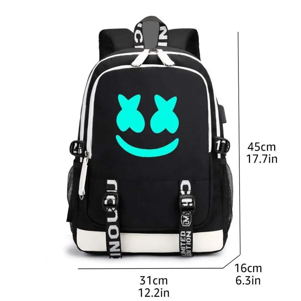

Schoolbag backpack super cool large-capacity bags electro-acoustic DJ smiley face marshmallow student shoulder bag USB Charging