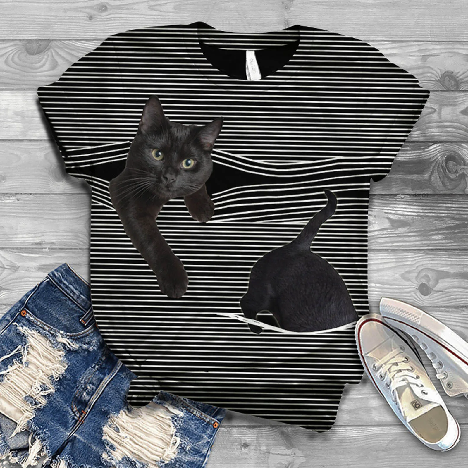 

European and European women's cross-border hot style cat print round neck short sleeve women's T-shirt women clothing clothing