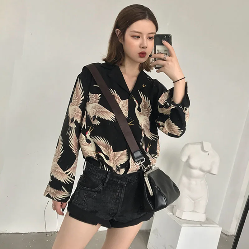 В винтажном стиле С принтом Модные женские блузки 2021 рубашки с длинными рукавами