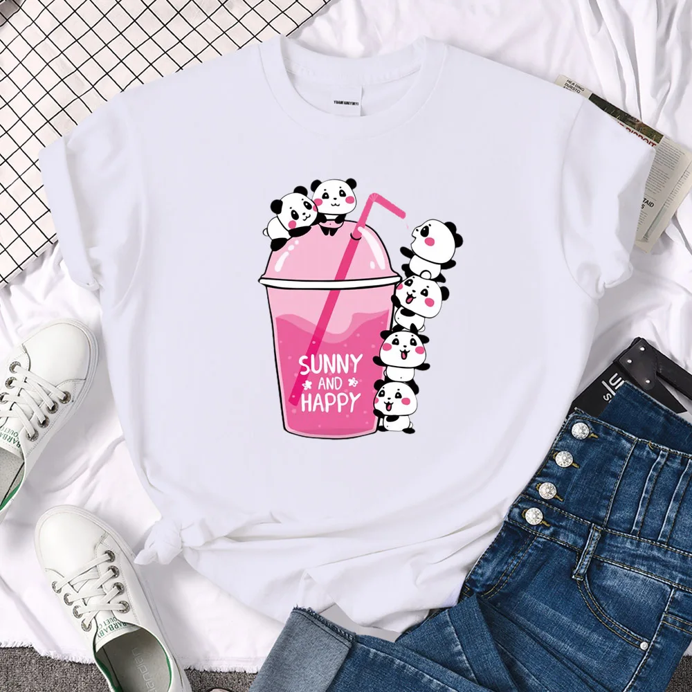 

Female T-Shirt Cute Panda Drink Milk Tea Together Print Clothing Womans O-Neckfashion Plus Size Shirt Kawaii Animal Lady Tshirts