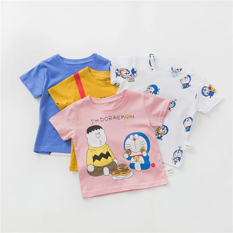 KIKIKIDS/Летняя футболка с героями мультфильмов для малышей Топы с короткими рукавами для маленьких мальчиков и девочек, Doraemon, Детская летняя одежда в Корейском стиле футболки с героями мультфильмов