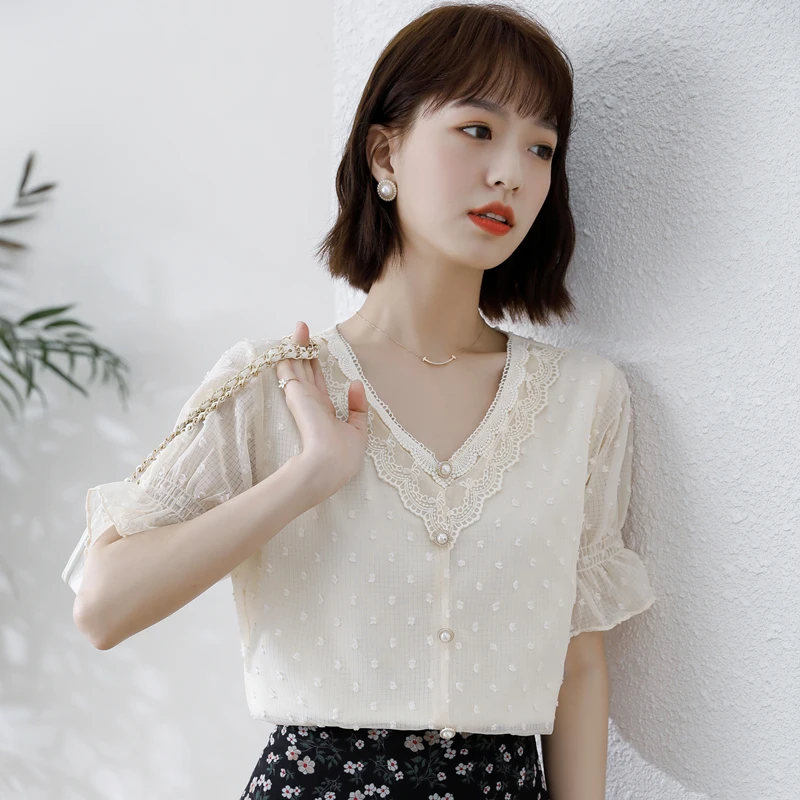 

COIGARSAM Short Sleeve blouse women New Summer Chiffon V-Neck blusas womens tops and blouses 8002