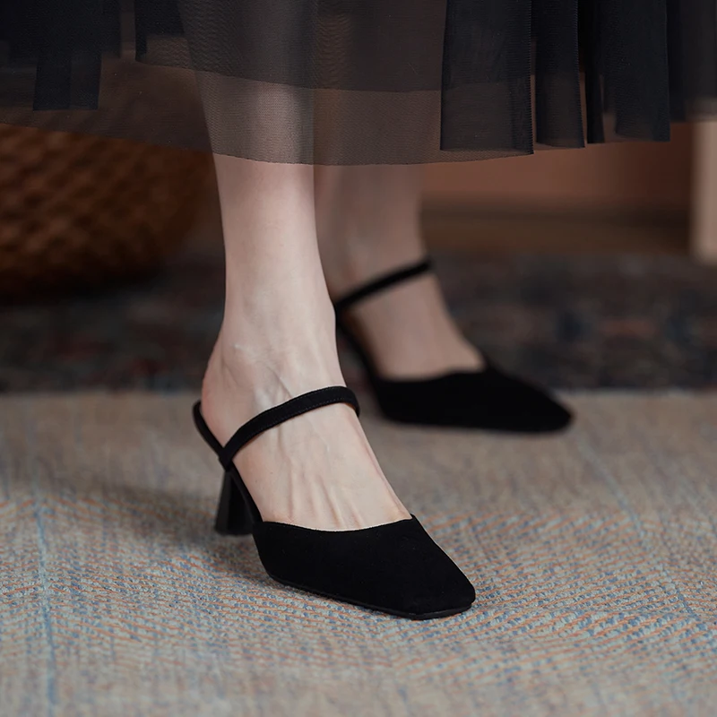 

ZVQ Woman Genuine Leather Suede office lady Sandals Slipper summer New Style Solid color Comfortable Fashion Square Toe Concise