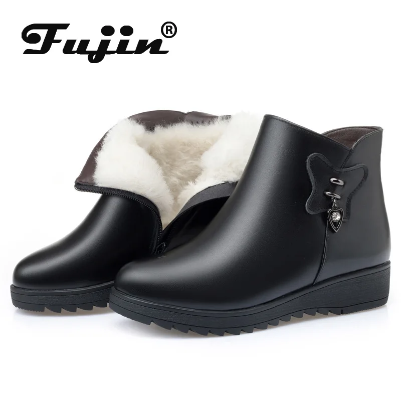 

Fujin/женские ботильоны больших размеров; Кожаная зимняя теплая обувь на меху; Ботинки на платформе; Водонепроницаемая обувь в байкерском сти...