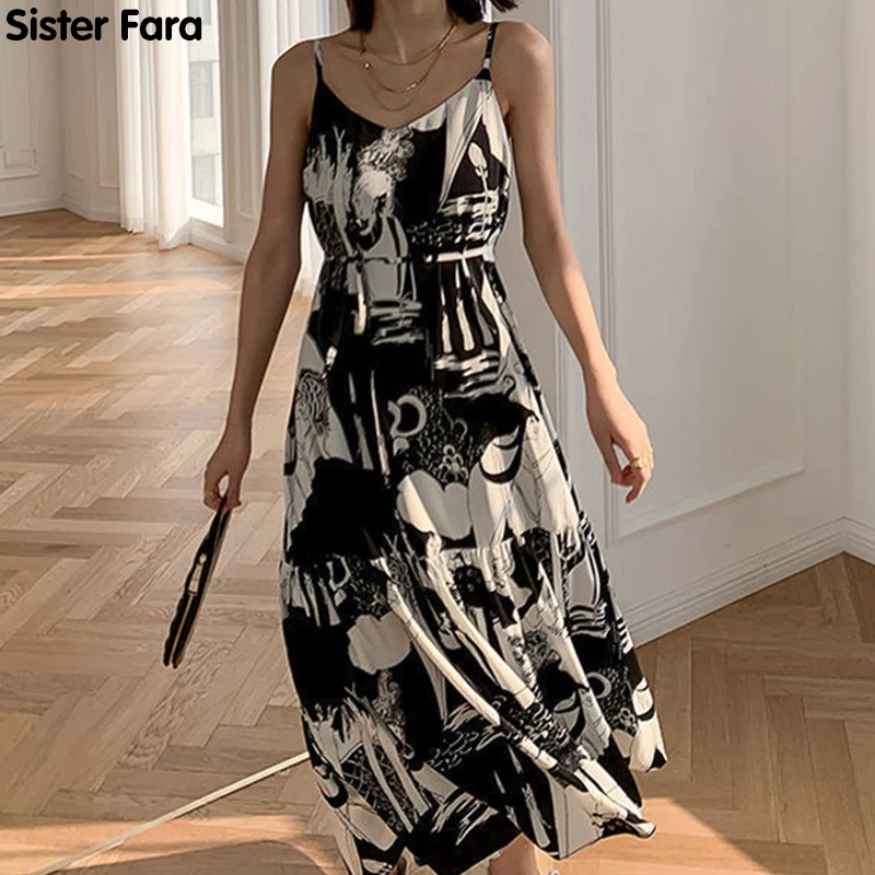 

Sister Fara Chiffon Camisole Print Women's Beach Dress 2021 Summer Sleeveless Long Dress Ladies Loose Spaghetti Strap Dresses