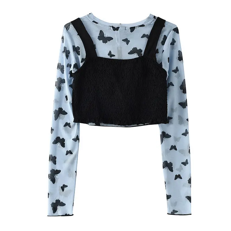 

Sexy 2-piece Butterfly Print Top and Black Camisole Suit Ladies Spring 2021 Fashion Mesh Harajuku Thin Long-sleeved Top