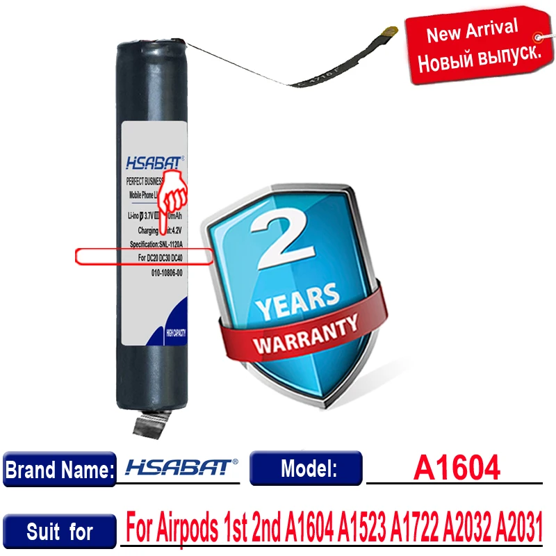 HSABAT 2pcs/lot 200mAh GOKY93mWhA1604 Battery for airpods 1st 2nd A1604 A1523 A1722 A2032 A2031 air pods 1 2 | Электроника