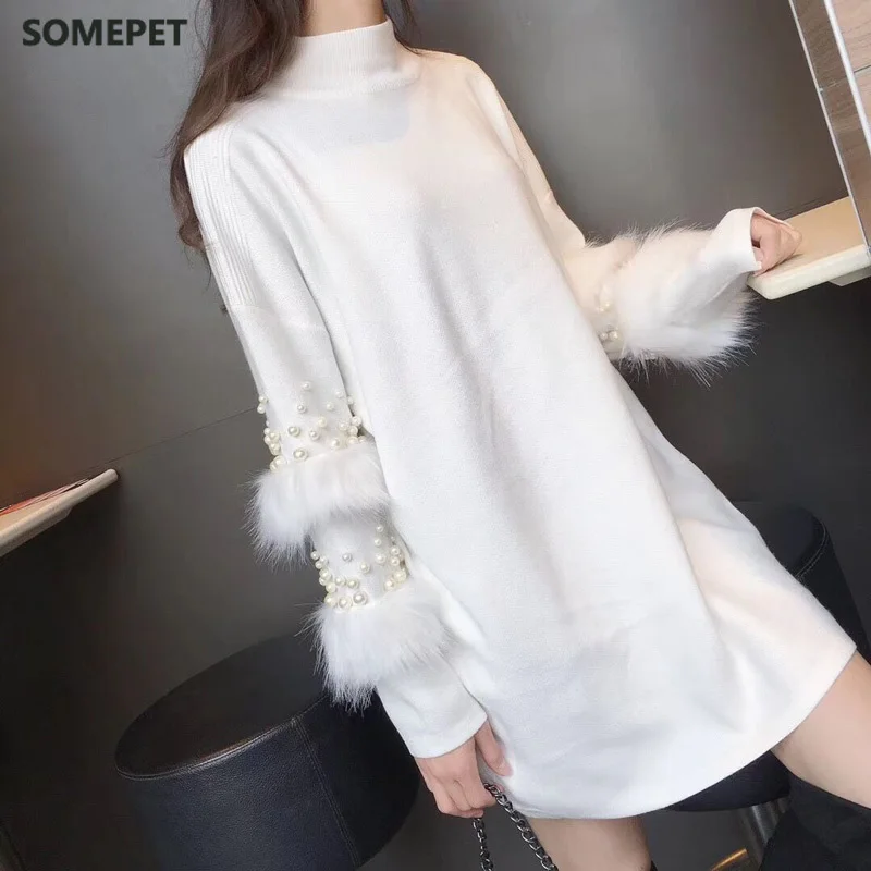 

Spring Autumn Winter Women Knitted Pullovers Sweater Female Long Sleeve Wool Stitching Faux Rabbits Fur Beaded Sweater Dress