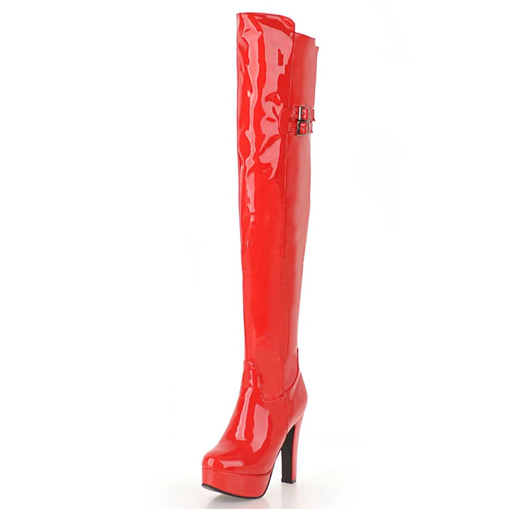 red 1 thin fur BONJOMARISA 32-48 модные сапоги до бедра из лакированной искусственной кожи женские вечерние ботфорты выше колена женская обувь на платформе и высоком каблуке - Цвет: red 1 thin fur