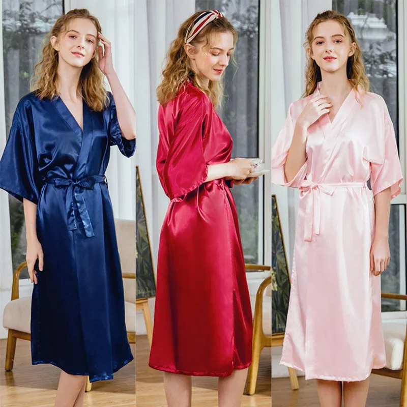 

Summer Autumn Imitation Silk Kimono Bathrobe Women Bride Bridesmaid Wedding Robe Dress Gown Long Sleepwear M-2XL