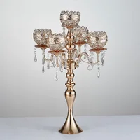 63 cm Tall 5-arms Metal Gold Candelabras With Pendants Romantic Wedding Table Candle Holder Home Decoration 8 pcs/lot