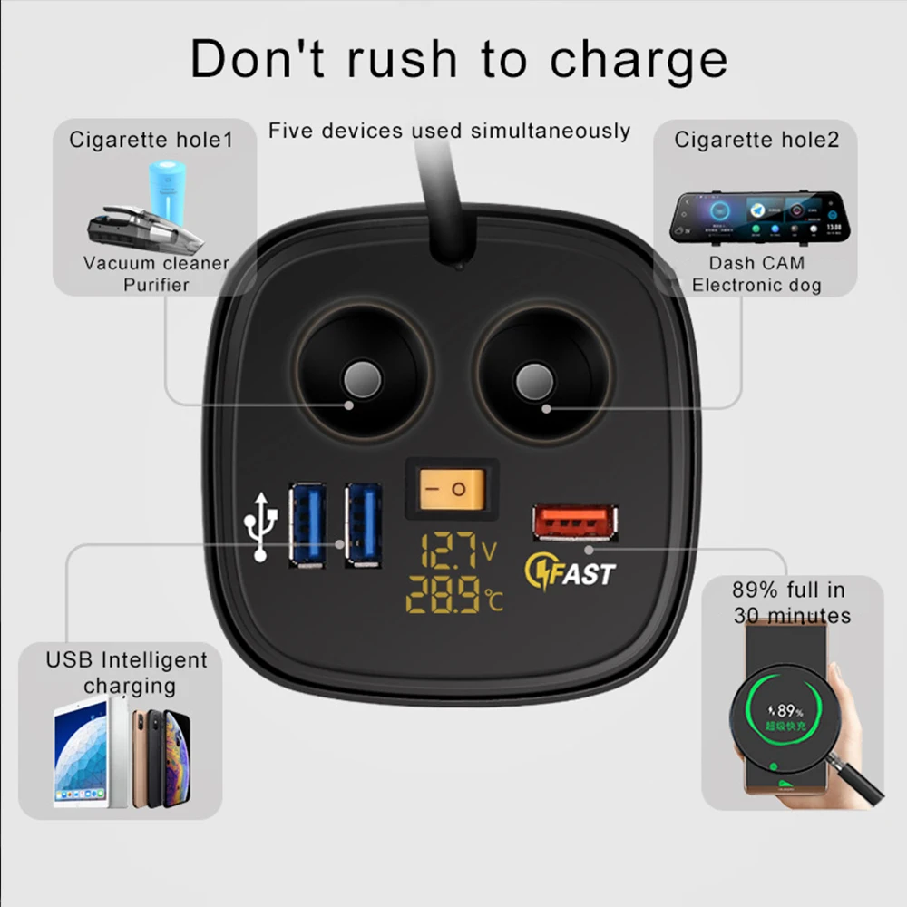 Автомобильное зарядное устройство QC3.0 с 3 USB портами для прикуривателя 60