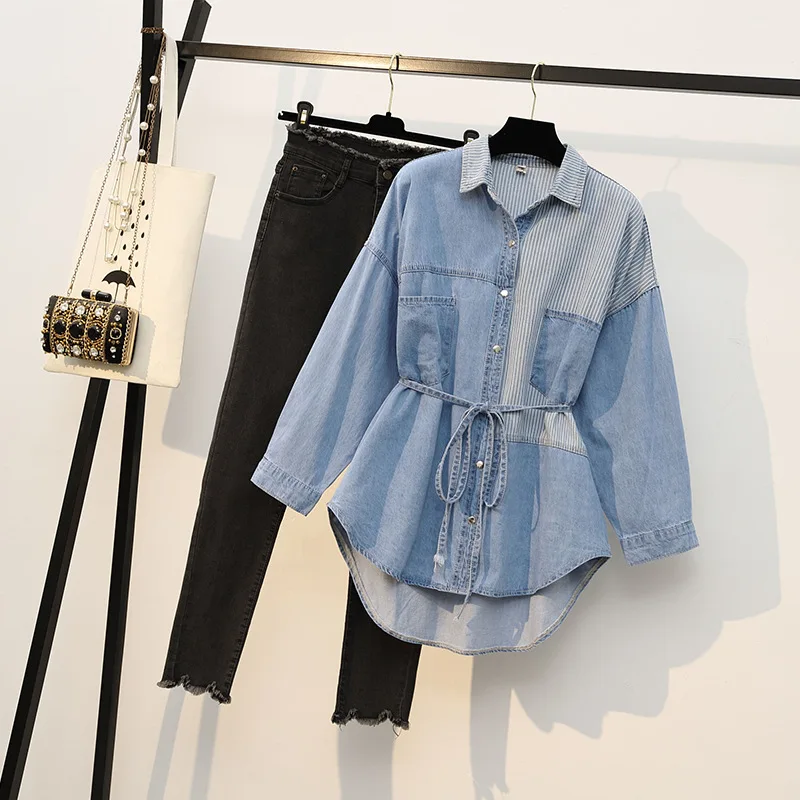 

Женская Асимметричная рубашка соединенный внакрой деним с длинным рукавом, кардиган с карманами, уличная одежда BF, джинсовая куртка Y2K, топы...