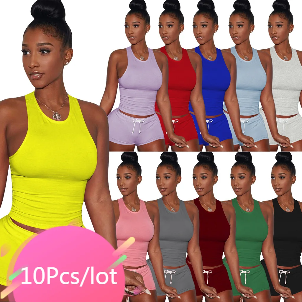 

Wholesale Item Womens Summer Clothing Two Piece Oufits Solid Tank Tops Biker Shorts Casual Fitness Female 2 Piece Sets Home Suit