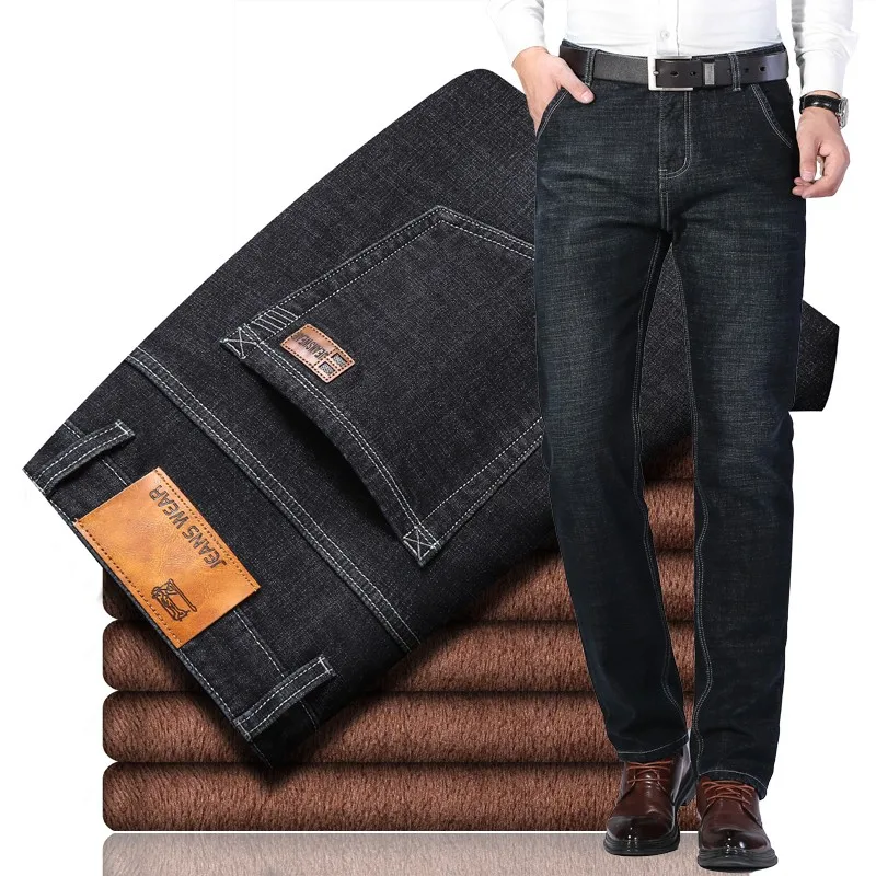2021  Straight Brand High Quality Cotton Pants Men Large Size  Winter Warm Fleece Men's Jeans Thick Stretch Denim Jean