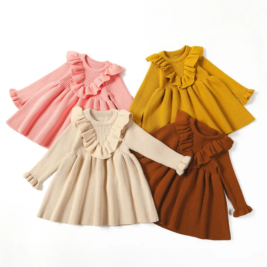 

Baby Girls Sweaters with Dresses Newborn Ruffles Sweaters Dresses Kids Dresses for Girls Solid Turtleneck Sweaters Long Sleeve