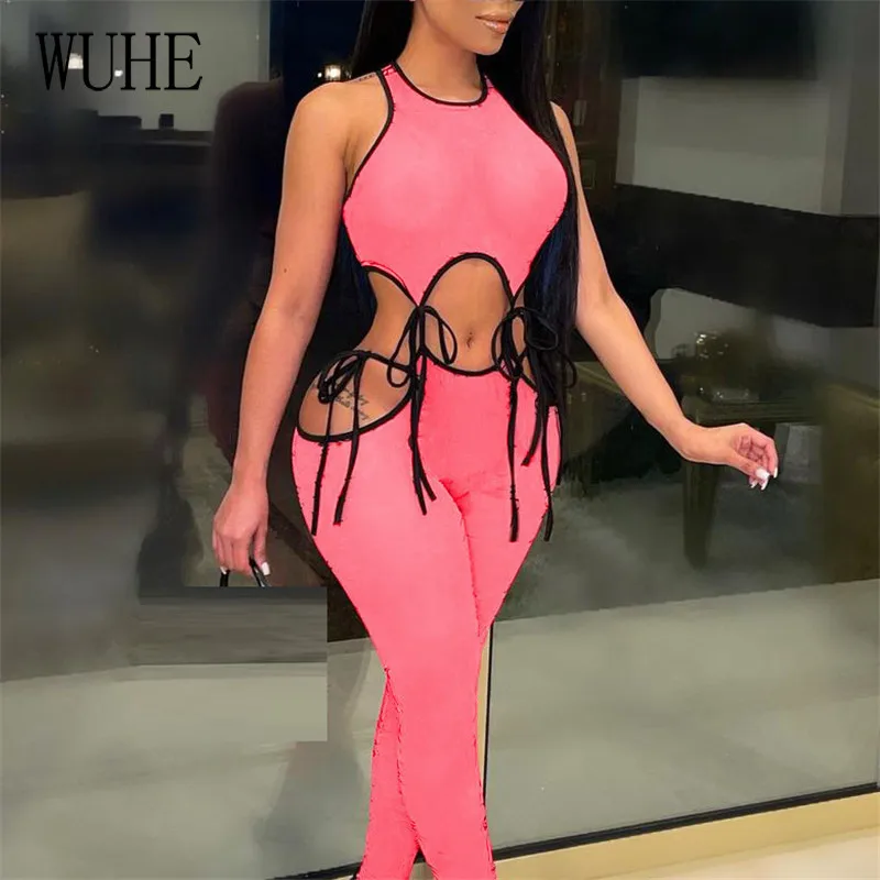 

YEYA Лето Повседневное Двойка без рукавов, с круглым воротом, с перфорацией и на шнуровке; Топ на бретелях и брюки, облегающие джинсы-карандаши...