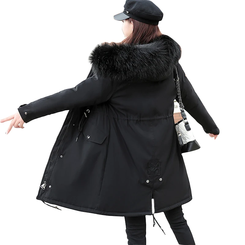 Фото Женская зимняя куртка с большим мехом черная утепленная парка меховой