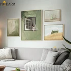 Постер на холсте с изображением зелёного природного пейзажа, окно, кошка, животное, Картина на холсте, Настенная картина для гостиной, домашний декор