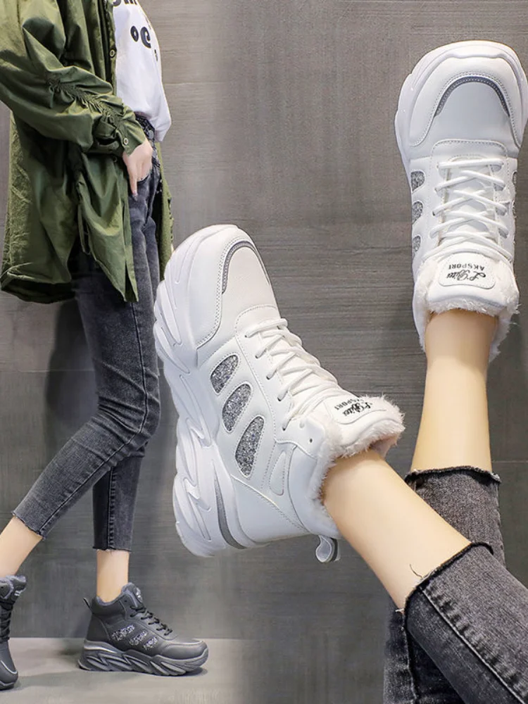 

Новинка 2021, осенне-зимняя женская обувь, повседневные спортивные ботинки на толстой подошве с высоким верхом, с бархатной подкладкой, обувь ...