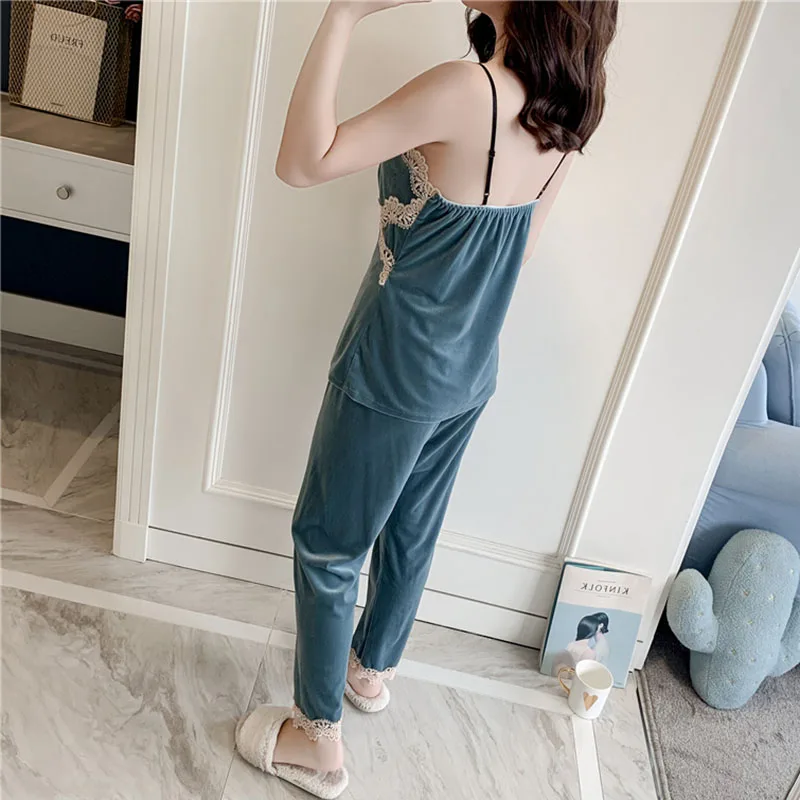 Пижама 3 в 1 Женская зеленая бархатная сексуальная черная ночная рубашка из трех