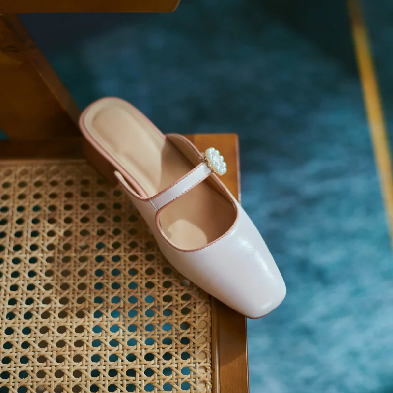 

Women sandals natural leather shoes 22-25cm full leather thick heel summer essentials womens sandals Pearl Mary Jane Mules