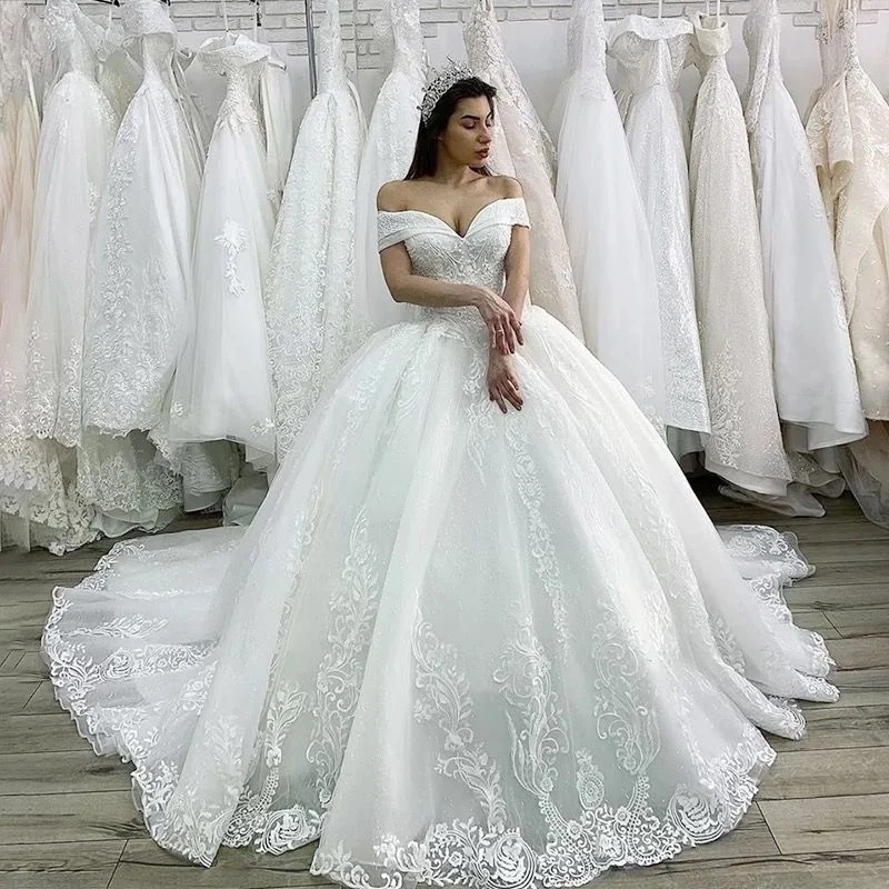 

Grace Beaded Princess Wedding Dress 2021 Lace Appliques Lace up Ball Gown Illusion Bridal Customized Vestido de Noiva