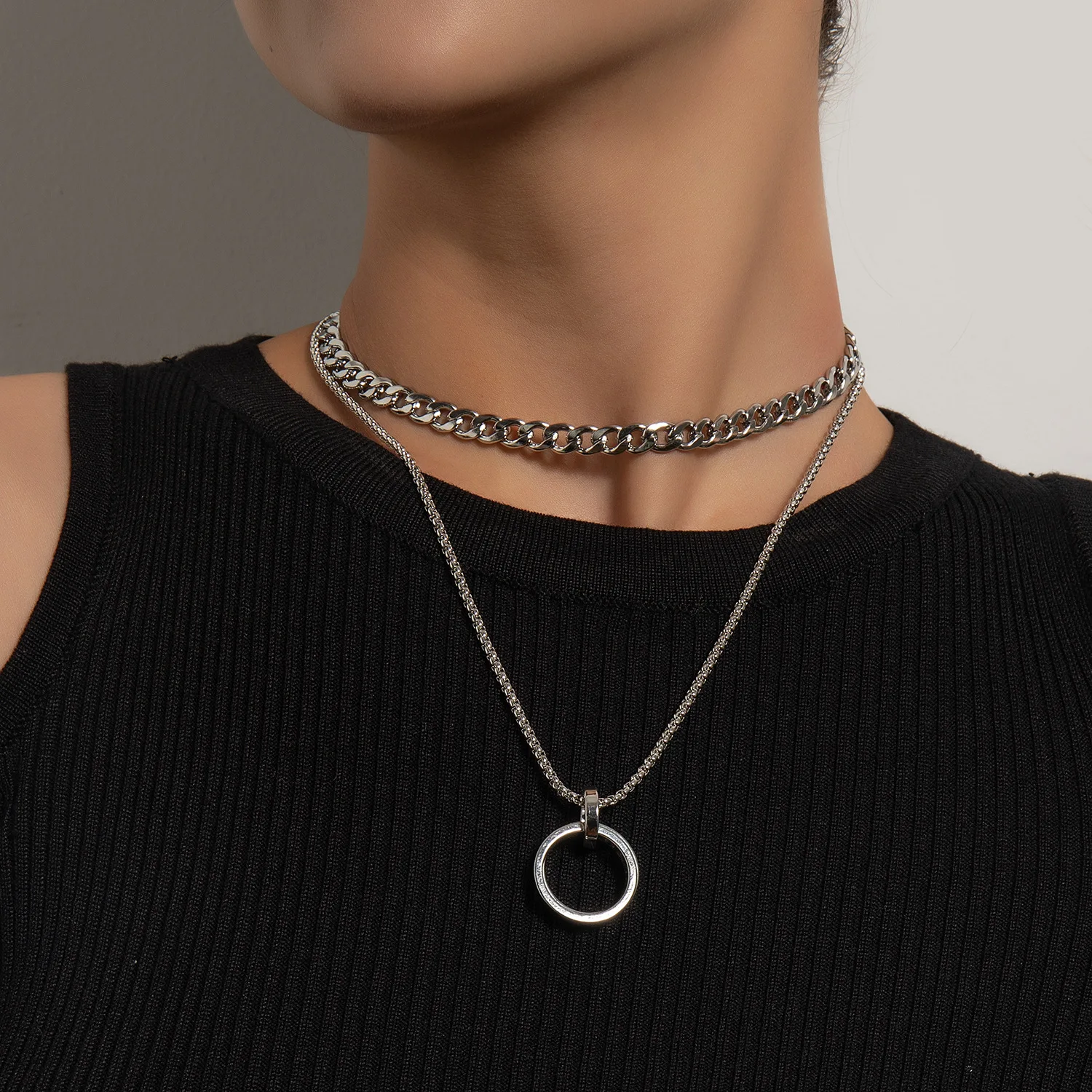

Double Circles Pendants Necklace for Women Punk Style Clavicle Chain Female 2021 Fashion Jewelry Layered Necklaces Simple New