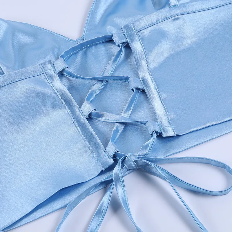 

V Neck Lace UP Camisole Camis For Women Satin Strap Rhinestone Heart Girl Backless Tank Crop TOP Vest Street Wear Summer Yuqung