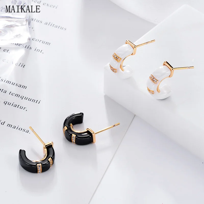 MAIKALE Классические черные белые серьги-гвоздики из керамики для женщин кубический цирконий подвеска с Цирконом Серьги новые модные корейские Драгоценности подарок