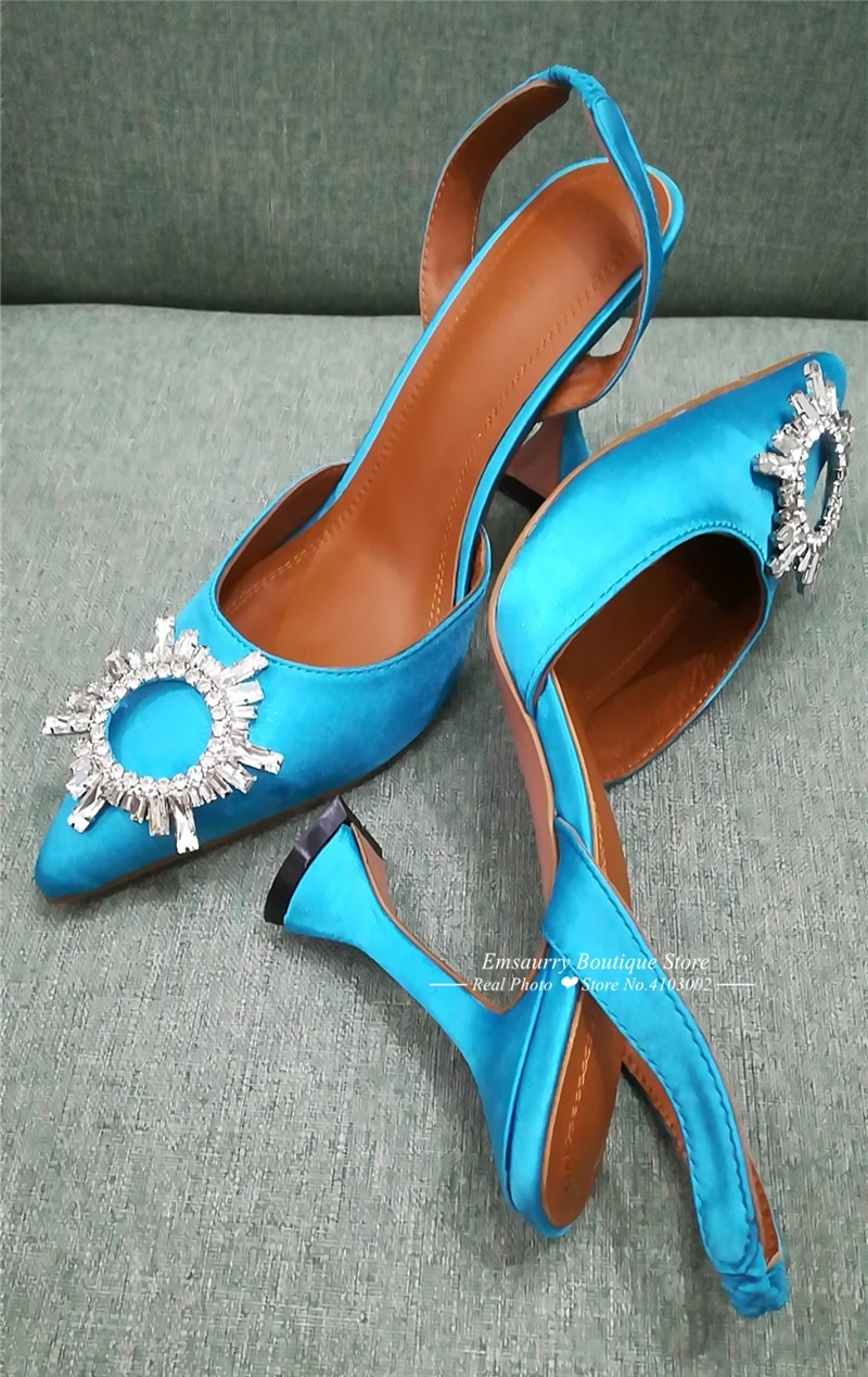 Luxury Satin Cup Heel Sandalias Mujer Sexy Back Strap Pointed Toe Crystal Buckle Individual High Heel Summer Sandals Women