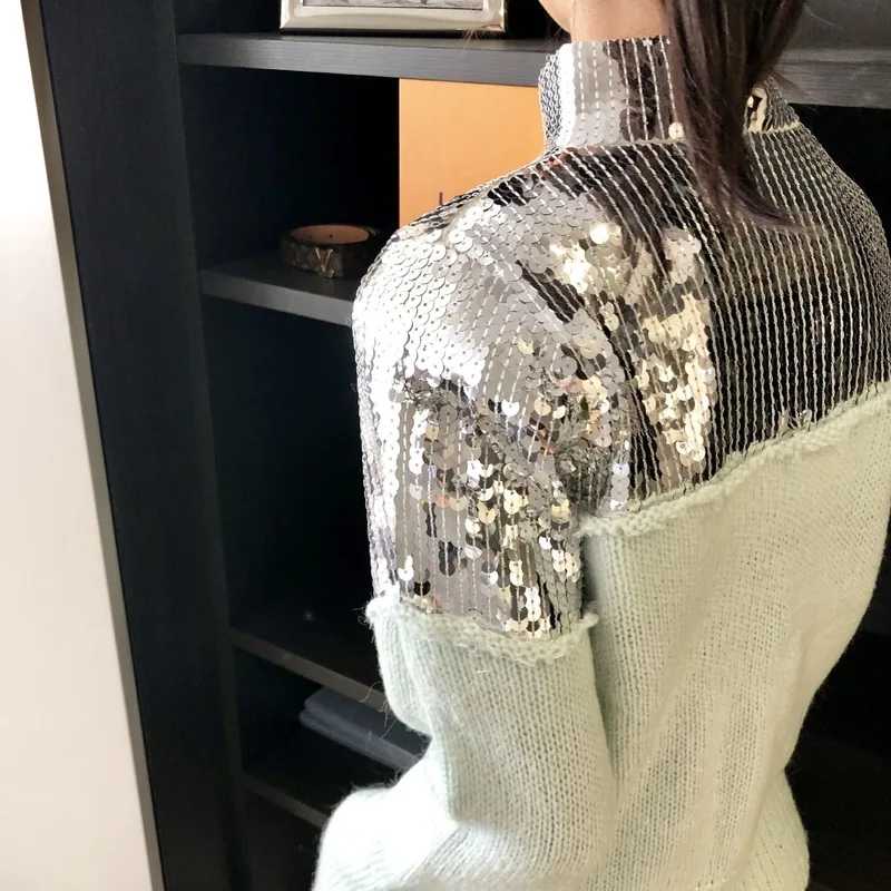 

2020 New Design Fashion Sequin Patchwork Mohair Turtleneck Pullover Sweater Women