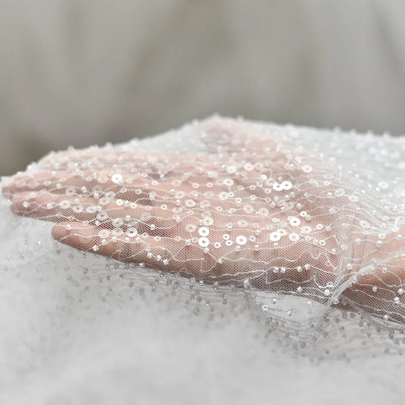 Роскошная Тюлевая кружевная ткань 130*50 см с блестками и бисером для свадебного