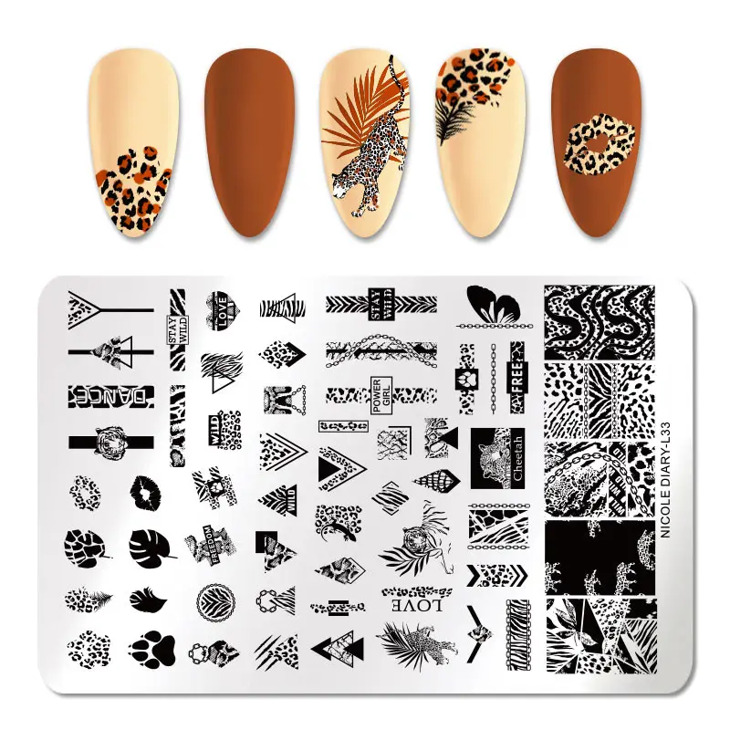 NICOLE DIARY Leopard Printed Nail Stamping Plates Stainless Steel Tiger Snake Art Stamp DIY Manicuring Stencil Tools | Красота и